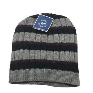 Winter Essentials Men's One Size Gray/Black/Burgundy Stripes Knit Beanie New